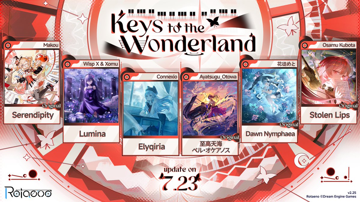 rotaenojp's tweet photo. 【ファンタジーテーマのオリジナルソングパック「迷いのルミナリウム」が7月23日よりRotaenoに登場！】

▼楽曲リスト
♪ Serendipity by: Makou
♪ Lumina by: Wisp X & Xomu
♪ Elyqiria by: Connexio
♪ 至高天海 ペル・オケアノス by: Ayatsugu_Otowa
♪ Dawn Nymphaea by: 花徒めと
♪ Stolen Lips by: Osamu Kubota

- 本ソングパックの通常価格は600ステラジェムズですが、V2.25リリース期間中は500ステラジェムズに値下げされます。