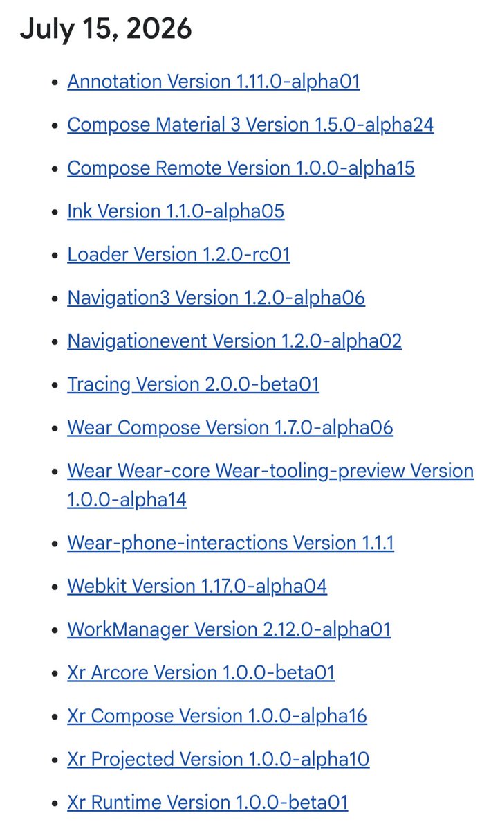 nicolaou_nicos's tweet photo. ๐ AndroidX updates are here (July 15, 2026)!
Highlights:
โจ Compose Material3 1.5.0-alpha24
๐งญ Navigation3 1.2.0-alpha06
โก WorkManager 2.12.0-alpha01
โ Wear Compose 1.7.0-alpha06
๐ฅฝ XR updates & more.
๐ https://t.co/h9uFo9gwZC
#Android #AndroidDev #AndroidX https://t.co/rNkrpFjAsd