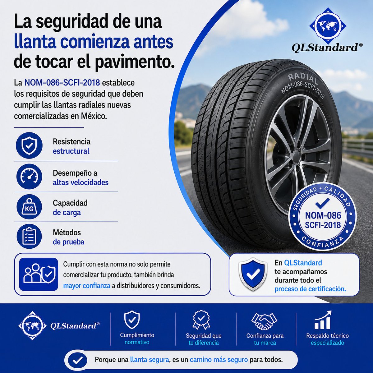 qlstandard's tweet photo. 🚗 La seguridad de una llanta comienza antes de tocar el pavimento.

📩 En QLStandard te acompañamos durante todo el proceso de certificación.

#NOM086 #Llantas #IndustriaHulera #Certificación #QLStandard https://t.co/tPvr3JQckY