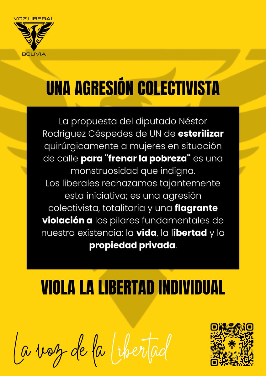 VozLiberalBo's tweet photo. RECHAZAMOS LA ESTERILIZACIÓN FORZOSA

El proyecto del diputado de UN, Néstor Rodríguez Céspedes, busca la esterilización obligatoria de mujeres en situación de vulnerabilidad.
EL CUERPO NO ES PROPIEDAD DEL ESTADO

#VozLiberal #LaVOZdelaLIBERTAD
#ParaReconstruirBolivia https://t.co/XyHpriOpvT