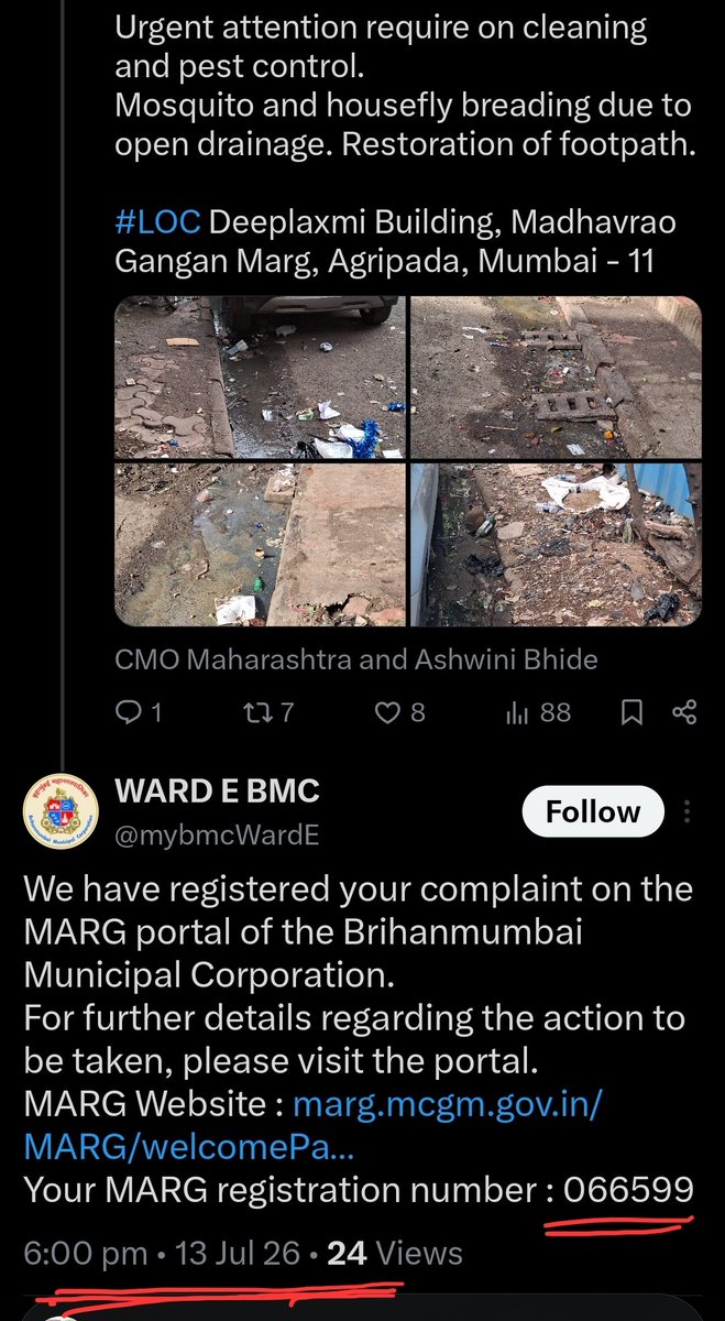 MMulla_Activism's tweet photo. Reminder2

@mybmc @mybmcWardE
@mybmchealth
@mybmcSWM 
Urgent attention require on drainage cleaning &amp; pest control
Mosquito &amp; housefly breading due to open drainage
No action on complt no.066599
Negligence in duty

#LOC Deeplaxmi Building, Madhavrao Gangan Marg, Agripada, Mum- 11 https://t.co/ESoHOzgWiX