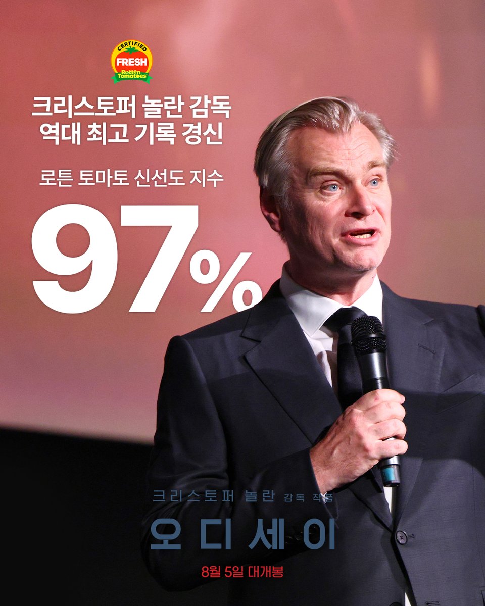UniversalPicsKR's tweet photo. 크리스토퍼 놀란, 또 한 번의 기록을 세우다

#오디세이 로튼토마토 신선도 지수 97%🍅
놀란 감독 역대 최고 기록 달성!

<오디세이> 8월 5일 대개봉 https://t.co/ZAMIbHn316