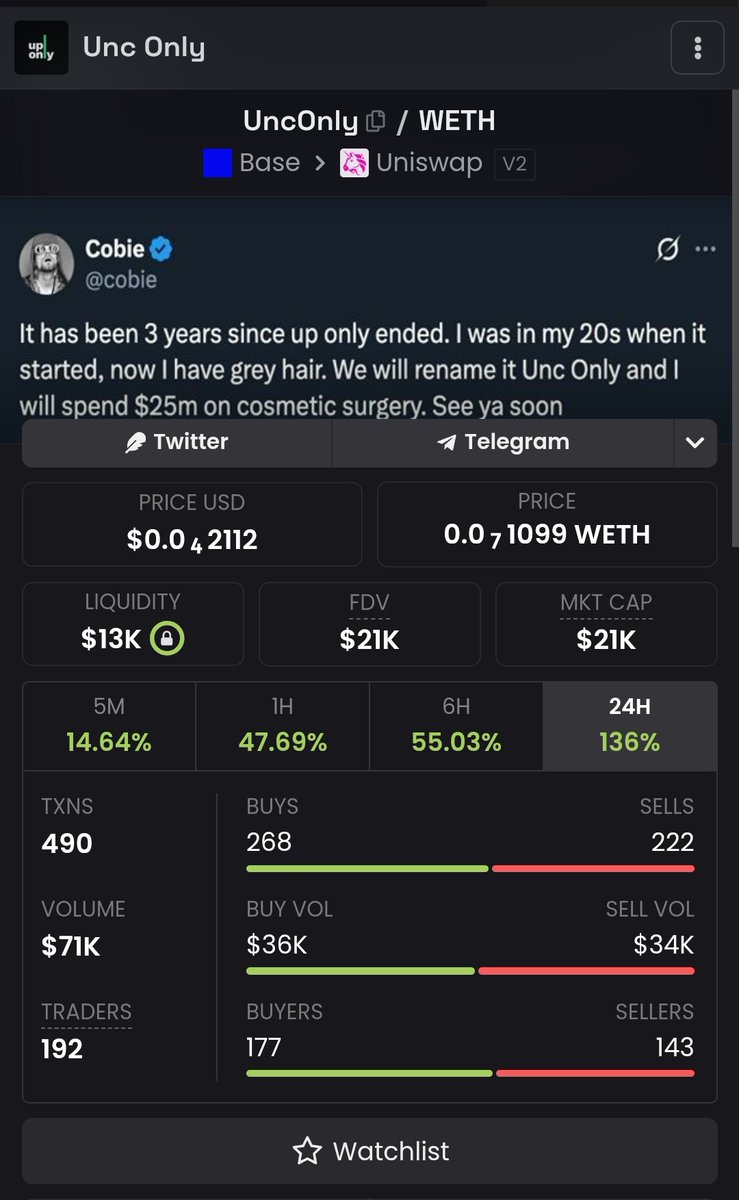 0x_devs's tweet photo. https://t.co/6D59ODnlC6

$uncOnly 

@cobie szn happening on base rn $coby
$doji
$unconly

@jessepollak @MLeeJr @ledgerstatus https://t.co/OwVyJVo0X9