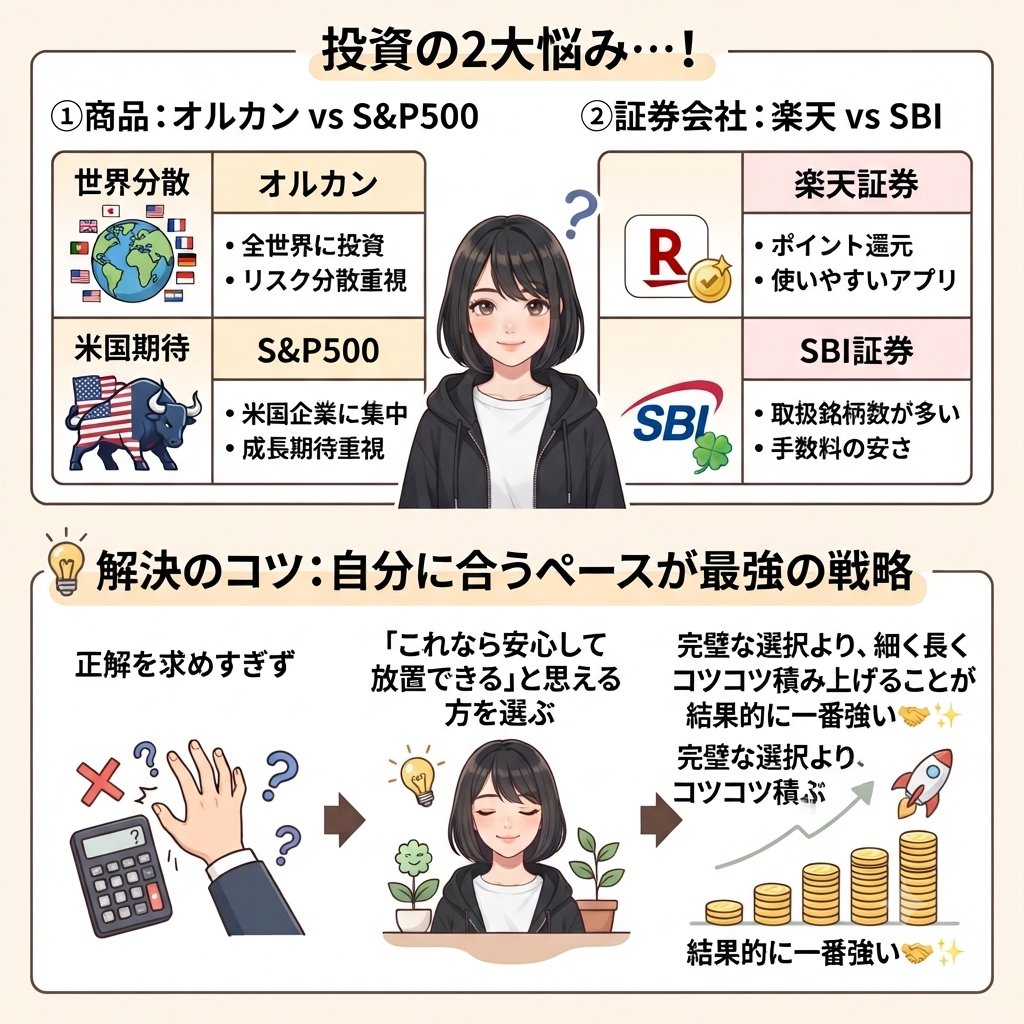 RIN_SideFIRE's tweet photo. 投資の2大悩み。
①世界分散のオルカンか、米国期待のS&amp;P500か
②楽天証券か、SBI証券か

どれも一長一短。
正解を求めすぎず
「これなら安心して放置できる」と
思える方を選ぶのがコツです💡

完璧な選択より、
細く長く自分のペースで積み上げることが
結果的に一番強いですよ🤝✨ https://t.co/3LDZofLevw