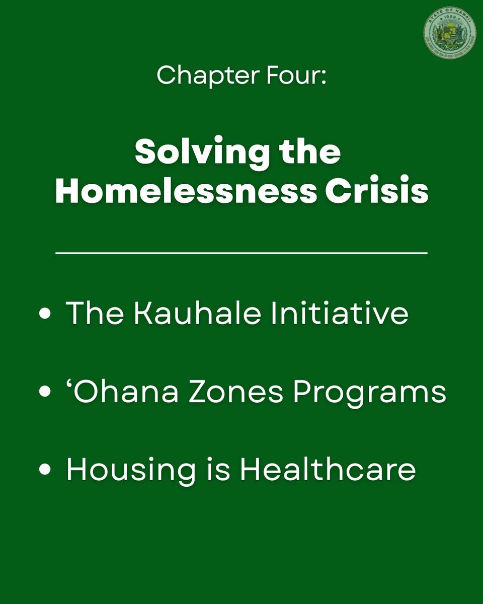 GovHawaii's tweet photo. Chapter four, “Solving the Homelessness Crisis,” follows Governor Green’s Kauhale Initiative, which is built on the principle that housing is healthcare. https://t.co/jyMIVn9VGp