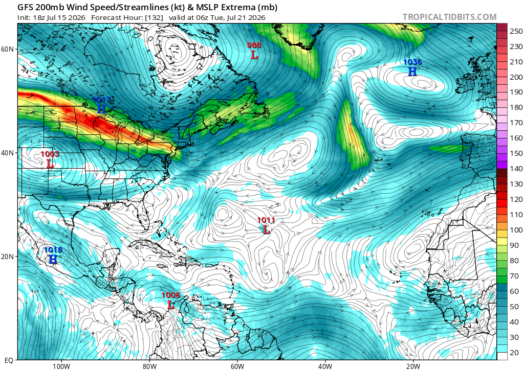 AndyHazelton's tweet photo. The best bet for an Atlantic system during the next 10 days or so might not be either of the systems currently mentioned in the Tropical Weather Outlook (NE Gulf and off Africa). 

Keep an eye on a trough split over the Central Subtropical Atlantic. A piece of this could find itself under an upper level ridge in a fairly favorable environment (north of the Niño-boosted TUTT). A few Google DeepMind members hint at this scenario.

A ton of surrounding dry air could inhibit development. That's one reason El Niño years still only see limited TC activity even in the "low shear" regions in the subtropics. Being north of or inside a trough inside the most favorable thermodynamic setup.

Just something to watch in an otherwise quiet basin.