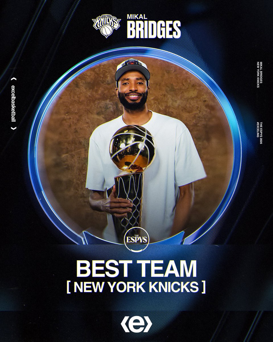 excelbasketball's tweet photo. The season that had everyone talking 😤 

@mikal_bridges and the New York Knicks take the ESPY for Best Team!  #exceling https://t.co/axIWuUAO3X
