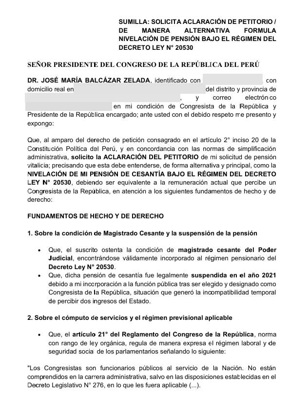 Latina_Noticias's tweet photo. 🔴 #LOÚLTIMO El presidente José María Balcázar presentó un documento en el que aclara que no está solicitando una pensión vitalicia, sino que su pensión como exmagistrado sea recalculada bajo el régimen del Decreto Ley 20530. En el escrito, sostiene que su pensión debería nivelarse tomando como referencia la remuneración que actualmente recibe un congresista de la República.