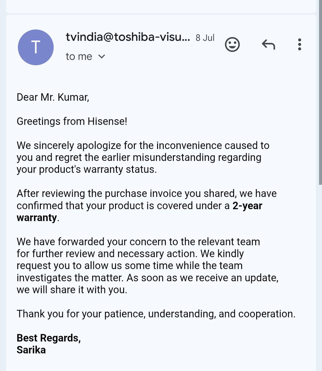 pushpen1383529's tweet photo. @Asiantoshiba &amp; @HisenseIndia are delaying my TV repair under a valid warranty till Aug 2026. My @Flipkart invoice states 2 Year Warranty. team acknowledged it via email but hasn't assigned a technician for weeks Kindly resolve.
#ConsumerProtection @jagograhakjago @jagograhakjago https://t.co/TKNxKnF6BY
