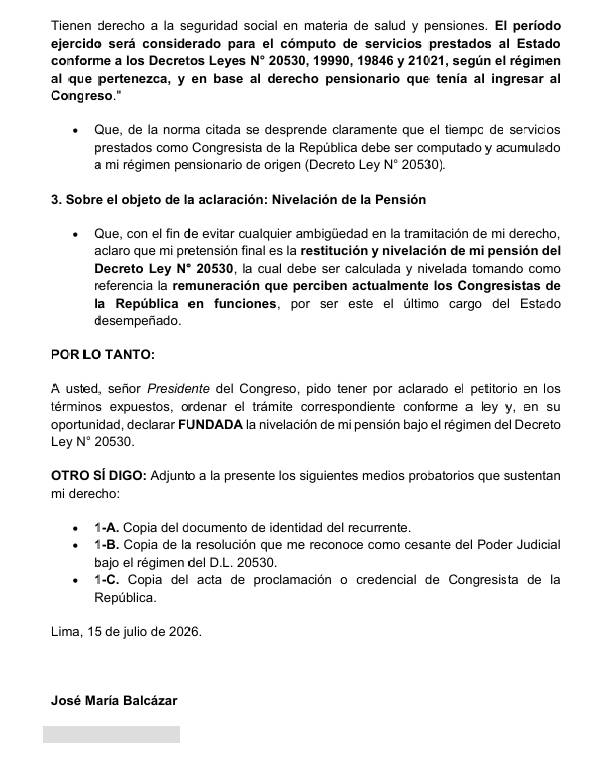 Latina_Noticias's tweet photo. 🔴 #LOÚLTIMO El presidente José María Balcázar presentó un documento en el que aclara que no está solicitando una pensión vitalicia, sino que su pensión como exmagistrado sea recalculada bajo el régimen del Decreto Ley 20530. En el escrito, sostiene que su pensión debería nivelarse tomando como referencia la remuneración que actualmente recibe un congresista de la República.