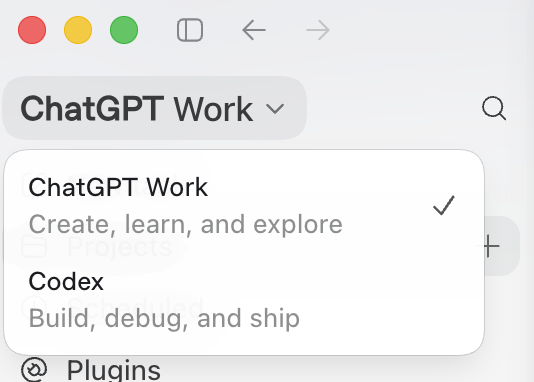 KornakMark's tweet photo. @ChatGPTapp has just created a mess with their latest app update for the Mac desktop #ChatGPT app.  They now show "ChatGPT Work" and "Codex". Now the legacy ChatGPT Plus is no longer available in the app.  They need to add "Chat" to the dropdown choices. https://t.co/8Biz9Eyg4M