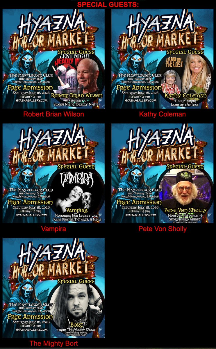 hyaenagallery's tweet photo. Hyaena Horror Market
Saturday, July 18, 2026
11am to 4pm
at
The Mayflower Club
11110 Victory Blvd.  North Hollywood, CA 91606

20+ vendors and very special guests. Art, Film, Music, True Crime &amp; More! FREE admission.

https://t.co/wrKyesnD1N https://t.co/CsH83XeS2C