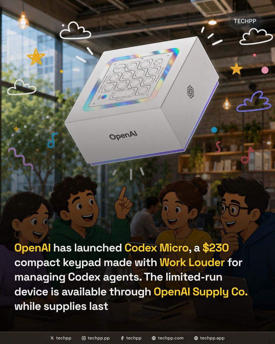 techpp's tweet photo. OpenAI has launched Codex Micro, a $230 compact keypad made with Work Louder for managing Codex agents. The limited-run device is available through OpenAI Supply Co. while supplies last
#OpenAI #AI #Launch #Codex #Micro #CodexMicro https://t.co/LI6KJENTex
