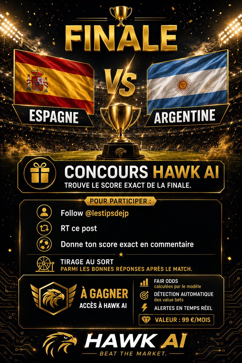 LestipsdeJP's tweet photo. 🦅 GAGNE UN ACCÈS À HAWK AI

J’ouvre de nouveau l’accès à mon bot value via un petit jeu concours sur la finale de la CDM 

🏆 Espagne 🇪🇸 vs 🇦🇷 Argentine

finale de la Coupe du Monde

⸻

📈 Fair Odds propriétaires

🎯 Détection automatique des value bets

⚡ Alertes en temps réel

💎 Valeur : 99 €/mois

⸻

🎁 Pour participer

✅ Follow @lestipsdejp

✅ RT ce post

✅ Donne ton score exact en commentaire

⏳ Tirage au sort après le match.

#cdm #teamparieur