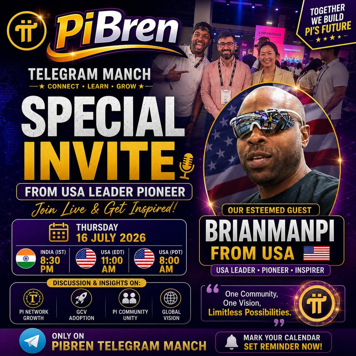 ChandraMis59039's tweet photo. 🌟 Pi Network LIVE 🌟
@BrianManPi (USA) live on PiBren Telegram Manch for an exclusive Pi Network LIVE session. Learn ask questions and connect with global Pioneers.
📅 16 July 2026 | 🕣 8:30 PM IST
🇺🇸 11:00 AM EDT
🔗 https://t.co/pj38qA8tpn
#PiNetwork #PiBren #Pioneers https://t.co/6y29LSZKJ3