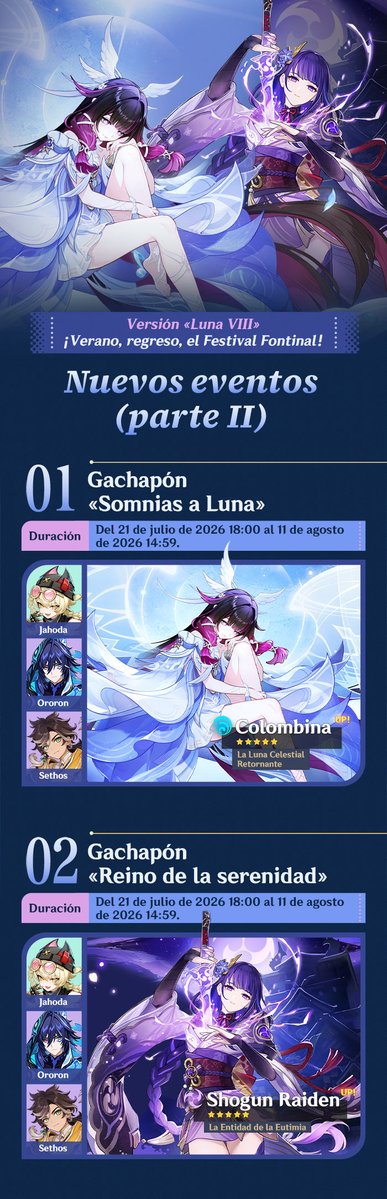 genshinimpactes's tweet photo. Eventos de la versión «Luna VIII: ¡Verano, regreso, el Festival Fontinal!» (II)
#GenshinLunaVIII #GenshinImpact

¡Hola, viajeros! ¡Vamos a ver los eventos que se avecinan!
El evento «¡Verano, regreso, el Festival Fontinal!» y el evento de exploración con recompensas de tiempo limitado «Cuando alzamos la mirada hacia la luna» aún están en curso. ¡No te los pierdas si no has recogido las recompensas!