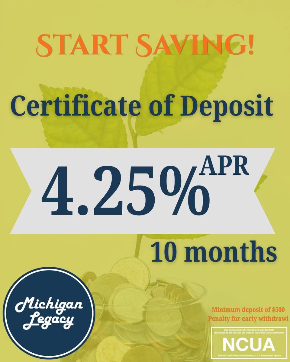 MILegacyCU's tweet photo. Looking for a safe way to grow your savings? 🌱 A Certificate of Deposit offers fixed rates and predictable returns, helping you reach your goals with confidence. Open a CD today and watch your money grow! 💵✨ #credituniondifference #smartmoney #savemoneymakemoney https://t.co/HTZWzEWyuG