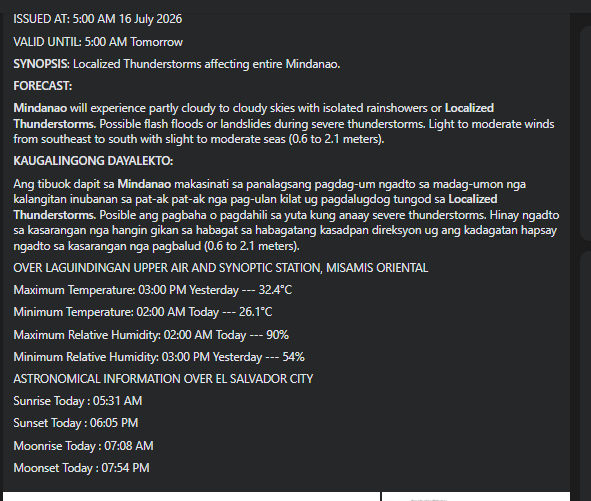 eggwardjwx's tweet photo. MINDANAO WEATHER FORECAST #MINPRSD
ISSUED AT: 5:00 AM 16 July 2026
VALID UNTIL: 5:00 AM Tomorrow https://t.co/cUrkpibDWa