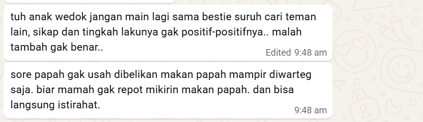 mpitt51's tweet photo. Buat para bapak, tolong hati-hati saat sedang emosi.

Teman saya kemarin masak opor ayam. Karena kuahnya masih ada, malamnya dia tambahin telur rebus.

Suaminya pulang, lihat menunya, lalu bilang,

"Pagi udah dibekelin telur, siang makan ayam di kantor, malam ayam & telur lagi. Bosen. Lama-lama bisulan kalo telur terus-terusan!"

Akhirnya tidak jadi makan.

Beberapa menit kemudian, anaknya ikut dimarahi hanya karena menjawab, "Mereka bukan bestie aku," saat ditanya kenapa tidak main dengan anak-anak lain.

Berakhir dengan anak dilarang main sama teman-teman dekatnya, istri diminta tidak usah masak lagi, dan suasana rumah hancur.

Padahal mungkin awalnya 'hanya' karena sedang  capek saja. Akhirnya merembet kemana-mana.
Satu orang kesal, tapi yang terluka jadinya satu rumah.

Sekarang teman saya menangis, karena pagi ini suasana hati suaminya masih belum reda dan berujung kirim WA seperti ini.

Sementara anaknya yang masih kecil, belum mengerti kenapa dia sampai tidak boleh main dengan bestie tersayangnya.