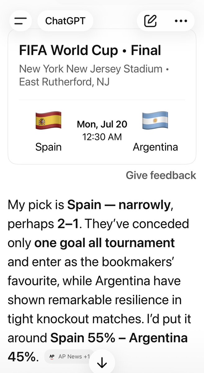 latasrinivasan's tweet photo. #FIFAworldcup #Fifafinal
#spain vs #Argentina
ChatGPT tells me that Spain will win. Letβs see if this turns out true as well π https://t.co/WOUlrTPixj