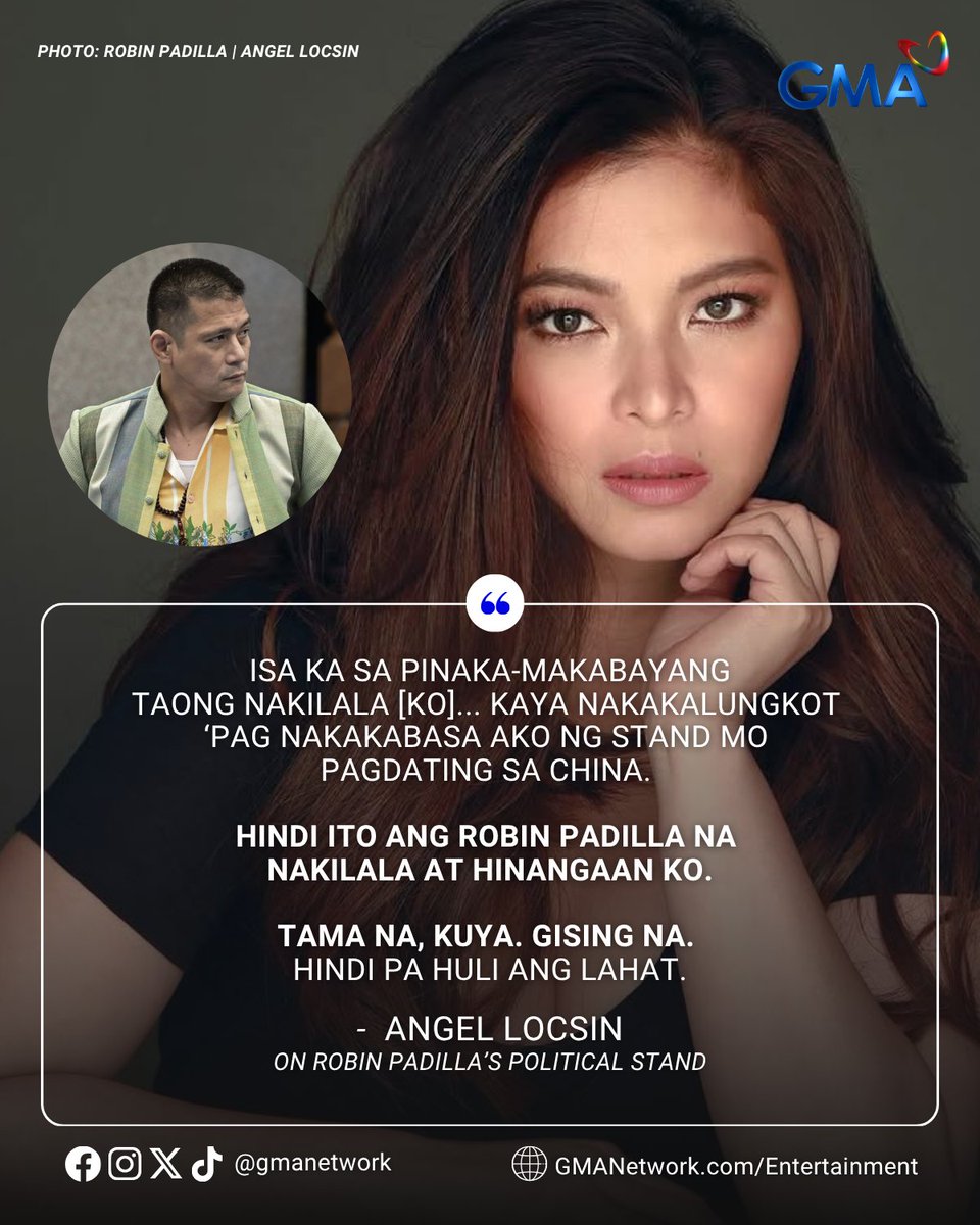 gmanetwork's tweet photo. "TAMA NA, KUYA." - Angel Locsin to Robin Padilla 

Angel Locsin publicly called out actor-turned-politician Robin Padilla over his actions and statements regarding national issues.

Read more HERE https://t.co/wemZ0y0W9u

#KapusoTalks https://t.co/c647byigNI