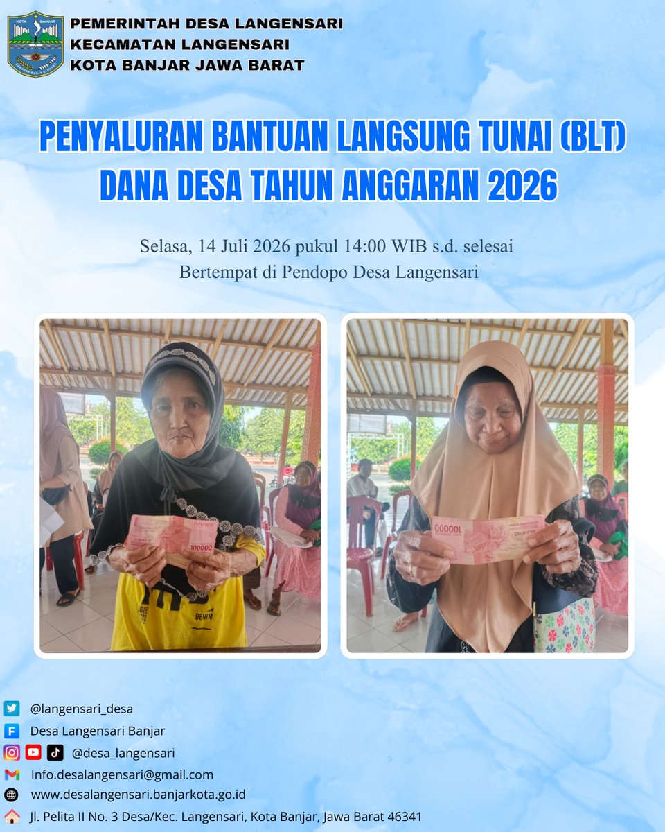 langensari_desa's tweet photo. Pelaksanaan kegiatan penyaluran Bantuan Langsung Tunai(BLT) Dana Desa Tahun Anggaran 2026 pada hari Selasa, 14 Juli 2026 pukul 10.00 WIB s.d selesai bertempat di Pendopo Desa Langensari.

Bantuan uang tunai sebesar Rp. 300.000,- diberikan kepada penerima bantuan sebanyak 21 orang https://t.co/lKgbNVfyxh
