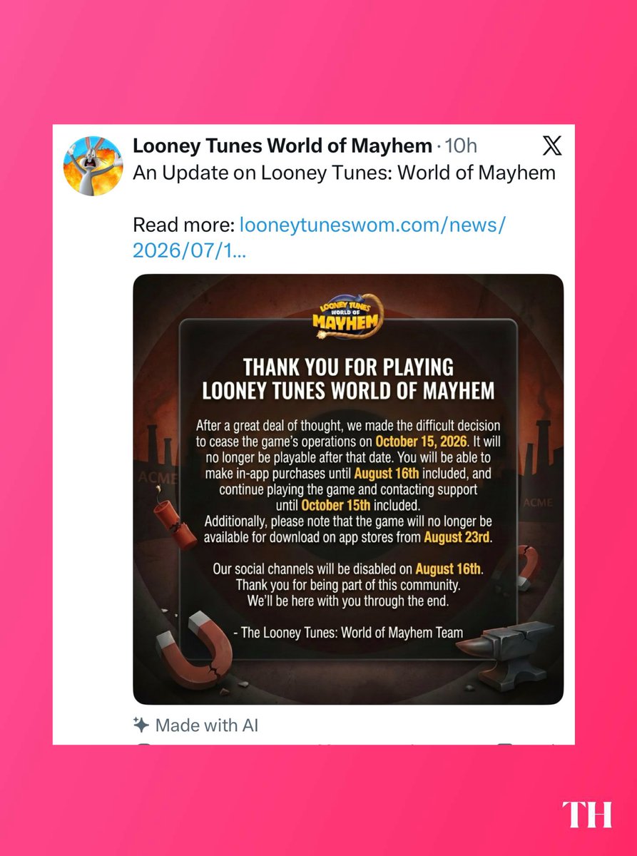 ToonHive's tweet photo. ‘Looney Tunes: World of Mayhem’ will officially shut down on October 15th.

• In-app purchases end August 16
• Removed from app stores August 23
• Social media channels shut down August 16

The shutdown announcement was also posted with an AI-generated image, which was labeled “Made with AI.”