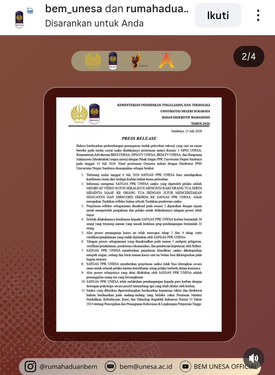 desynta55384's tweet photo. @tanyakanrl mohon dibaca secara seksama ya terkait press release terbaru. terkait sanksi semua ada pada keputusan rektor dan subdirektorat hukum. semua ada proses nya, jadi mohon kondusif teman-teman semuanya🙏 https://t.co/0xaOfmYkAt