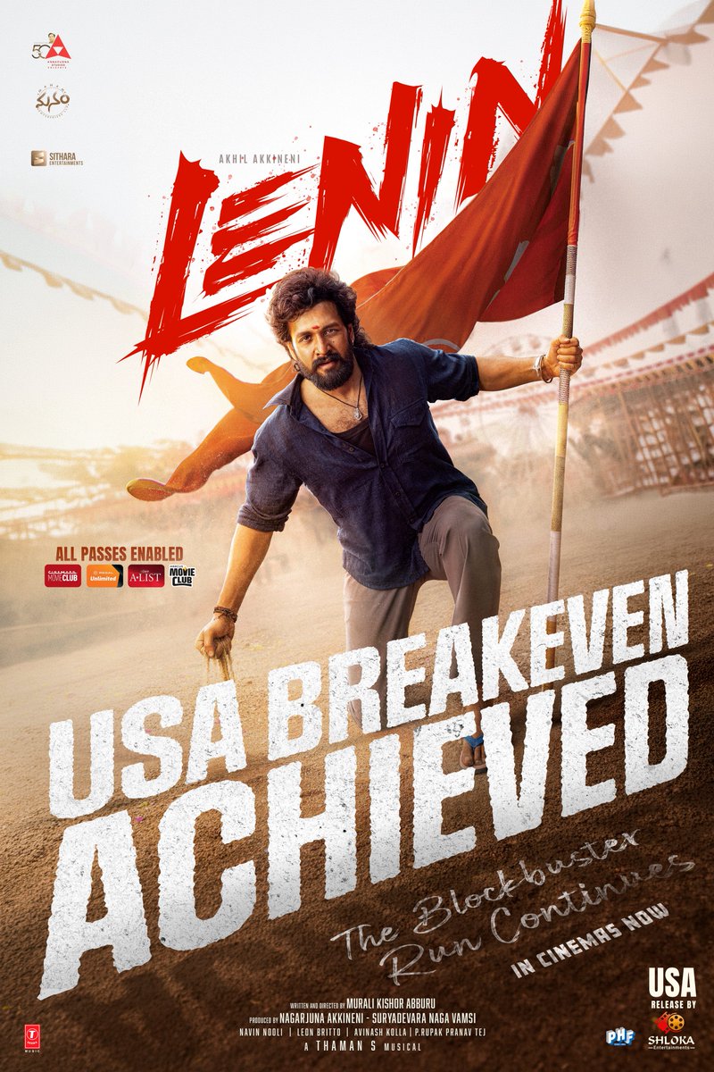 ShlokaEnts's tweet photo. The unstoppable march of #𝐋𝐄𝐍𝐈𝐍 continues as it officially achieves 𝐁𝐑𝐄𝐀𝐊𝐄𝐕𝐄𝐍 in 𝐔𝐒𝐀 🇺🇸 💥 

The Blockbuster Run Continues!

All Passes Enabled
In Cinemas Now

#BlockbusterLENIN https://t.co/IQoCk8CNeZ