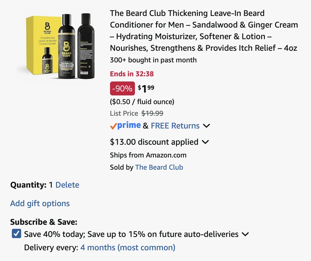 DealsFinderIO's tweet photo. PRICE ERROR 🚨

Thickening Beard Conditioner just $2 (List: $20)

1. Add the lightning deal to cart
2. Tick the 40% S&amp;S box at checkout

https://t.co/unH27RGuI4 https://t.co/aVzJbHIxBQ