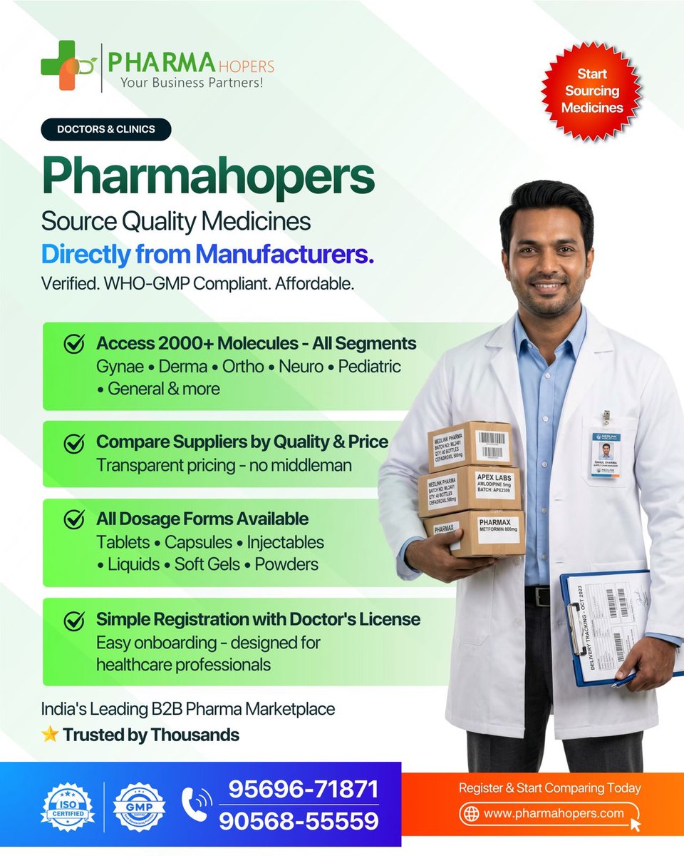 rishabhbattu_wh's tweet photo. 🚀 Start your PCD Pharma Franchise with Pharmahopers! Compare verified WHO-GMP manufacturers, explore 2000+ molecules, and grow with Pan India monopoly opportunities.
✅ 2000+ molecules across multiple therapeutic segments
✅ Connect with verified WHO
📞6239034844
#PCDPharma https://t.co/Opv0zhGwn6