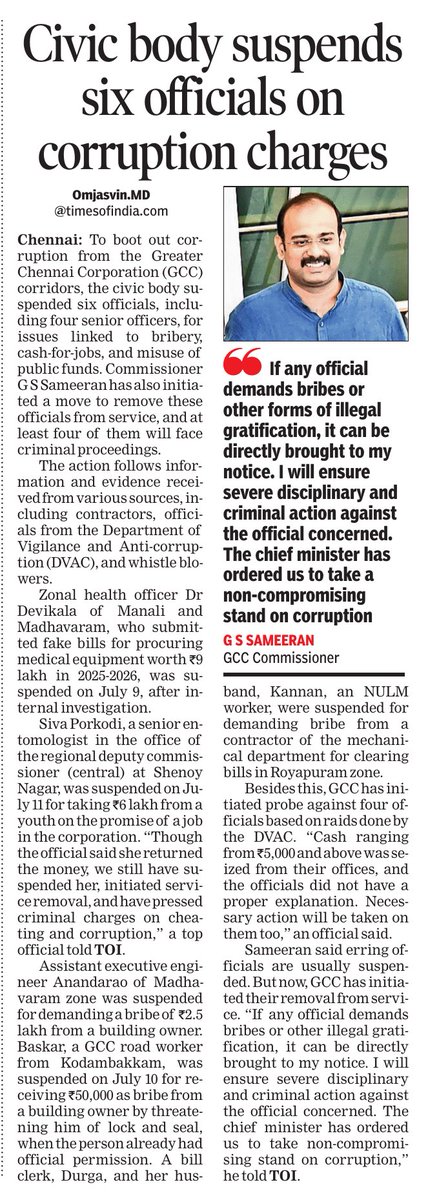 omjasvinMD's tweet photo. #Breaking Cracking whip on corruption, Six Chennai Corporation officials, including seniors with several years of experience, suspended on corruption charges, GCC initiates removal of service of these officials and initiates criminal proceedings. 

One zonal health officer Dr  Devikala
was suspended for spending showing fake bills for procuring Rs 9 lakh worth medical equipment. Criminal proceedings initiated. 

One senior entomologist Siva Porkodi was suspended for receiving Rs 6 lakh from a youngster for cash for jobs. Suspended and criminal proceedings initiated on corruption and cheating. Though the official said the money was returned, during enquiry, the GCC has initiated removal from service.

An assistant executive engineer Anandrao of Town Planning was suspended for demanding Rs 2.5 lakh bribe from building owner. 

A GCC road worker was suspended for receiving Rs 50,000 bribe for threatening to lock and seal house of building owner even though owner had all permission. 

A bill clerk Durga, and her husband an NULM worker suspended for demanding bribe from mechanical dept contractor to pass bills. 

Beyond this, 4 more officials being interrogated over unaccounted cash. 

The inputs were received from contractors, DVAC, whistleblowers and traps.

GCC commissioner G S Sameeran said usually GCC suspends officials but this time, they’ve initiated removal of service to ensure officials know the punishment for corruption. 

He urged public to directly reach out to him if they come across corruption, and that action will be taken on officials and criminal proceedings initiated. He said CM has instructed GCC to have a non-compromising stand on corruption.