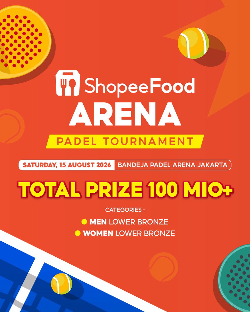 shopeefood_id's tweet photo. Kalo ada yang kamu tau, coba tolong ajakin ikutan ShopeeFood Arena Padel Competition 2026! Ada total hadiah 100 Juta+, lho.
​
Daftarnya bisa klik link ini https://t.co/EgHzS4VD8g https://t.co/dydLpcjZWf