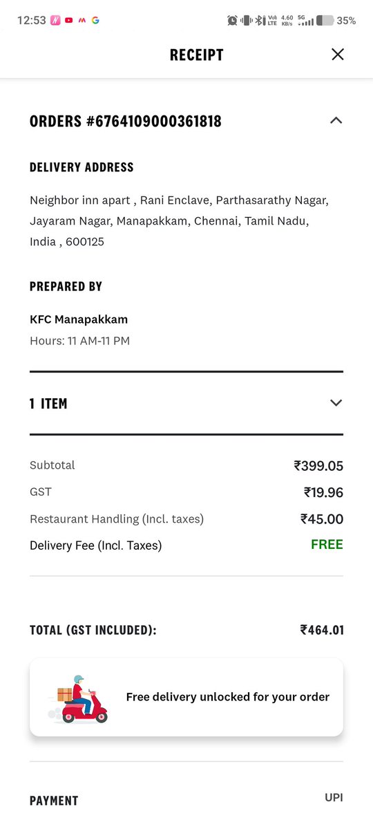 RandomStal16210's tweet photo. @KFC_India Yesterday i ordered from Kfc Manapakkam branch chennai from Ur  app. The order kept saying rider on its way please keep otp ready. i ordered at around 9.19 PM and the status said it will be delivered by 10.04PM. No one called  and at 1 AM it says order delivered. https://t.co/J7ReqCy4Ol