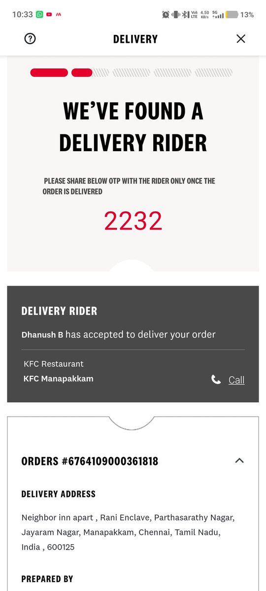 RandomStal16210's tweet photo. @KFC_India Yesterday i ordered from Kfc Manapakkam branch chennai from Ur  app. The order kept saying rider on its way please keep otp ready. i ordered at around 9.19 PM and the status said it will be delivered by 10.04PM. No one called  and at 1 AM it says order delivered. https://t.co/J7ReqCy4Ol