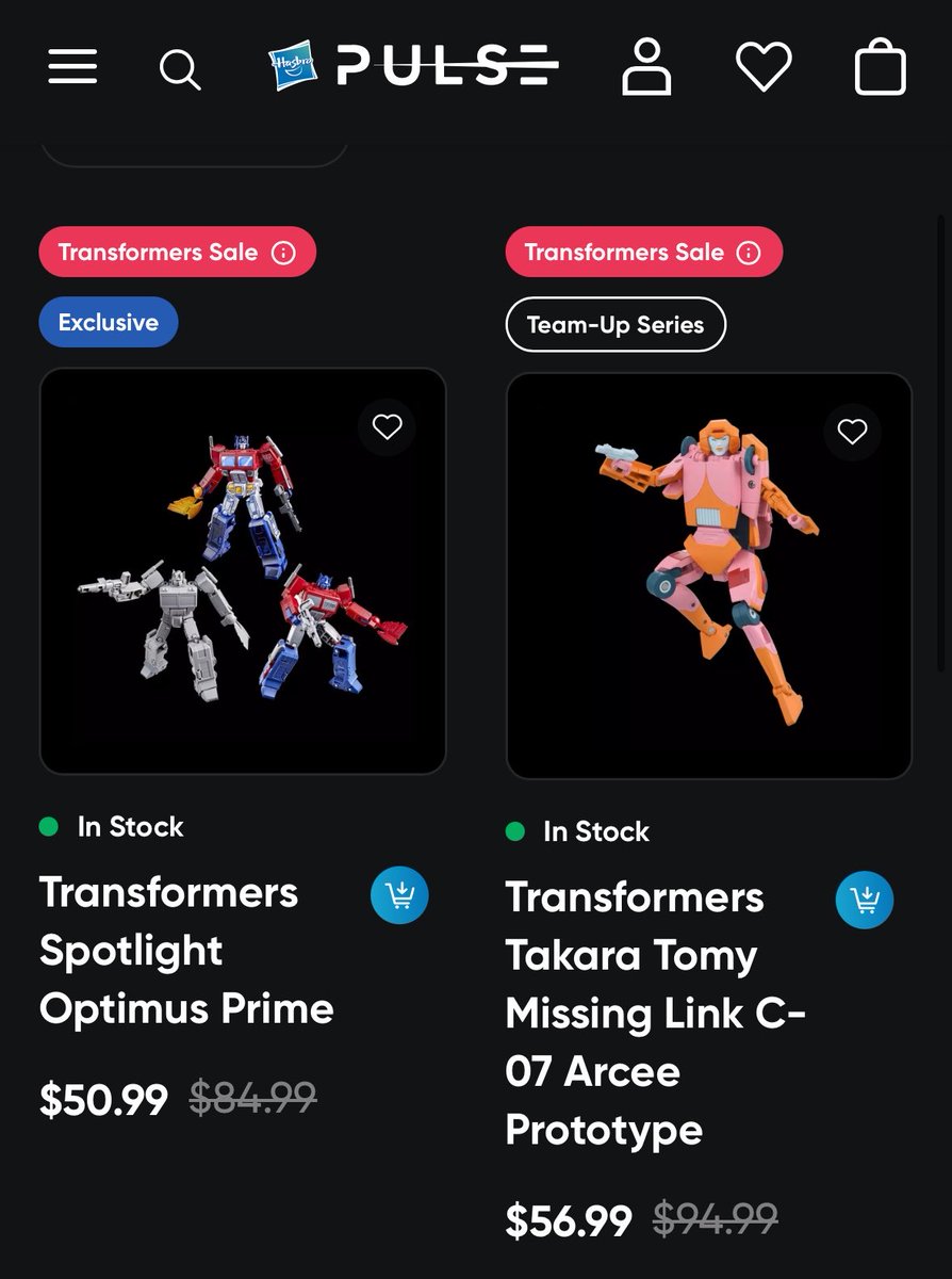 TF_alerts's tweet photo. (ONLINE CLEARANCE)

A couple of figures are marked down on Hasbro Pulse
#Transformers 

Missing Link C-07 Arcee Prototype $56.99 https://t.co/8ThjYjCZU9
Dramatic Capture Series Cybertron Chase $56.99 https://t.co/0zg5N2v0Y1
Spotlight Optimus Prime $50.99 https://t.co/r8zdJMnoUd https://t.co/DaWe5sRcL8