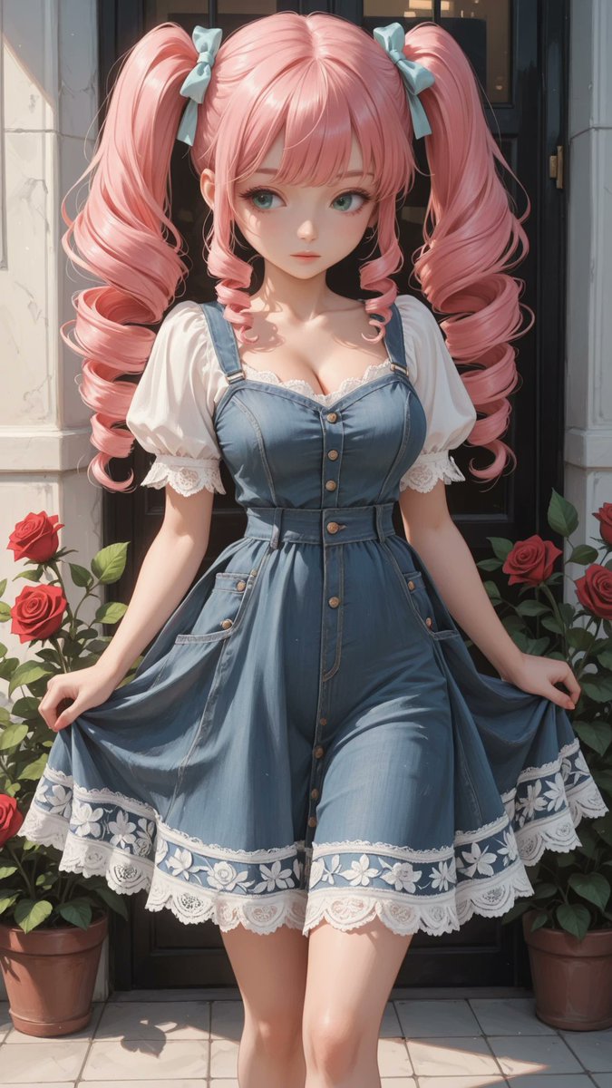 AliceLavli's tweet photo. デニムのワンピースにブラウスの重ね着コーデの衣装プロンプトをどうぞ✨
light blue denim mini dress, soft washed denim fabric, fitted princess-seam bodice with visible tonal denim stitching, wide sweetheart neckline trimmed with delicate white floral lace, short puff sleeves with elastic gathers and matching white floral lace cuffs, embroidered white floral lace appliqués decorating the neckline, natural waist with a wide self-fabric denim waistband, centered self-tie denim ribbon bow, front button placket extending from the waist to the hem with evenly spaced natural wood buttons, softly gathered A-line mini skirt, wide white floral lace border around the hem with embroidered white roses, leaves and blossoms, scalloped lace edge, matte faded light blue denim only, white lace only, natural wood buttons only, strict color placement, clean symmetrical tailoring, elegant romantic denim dress