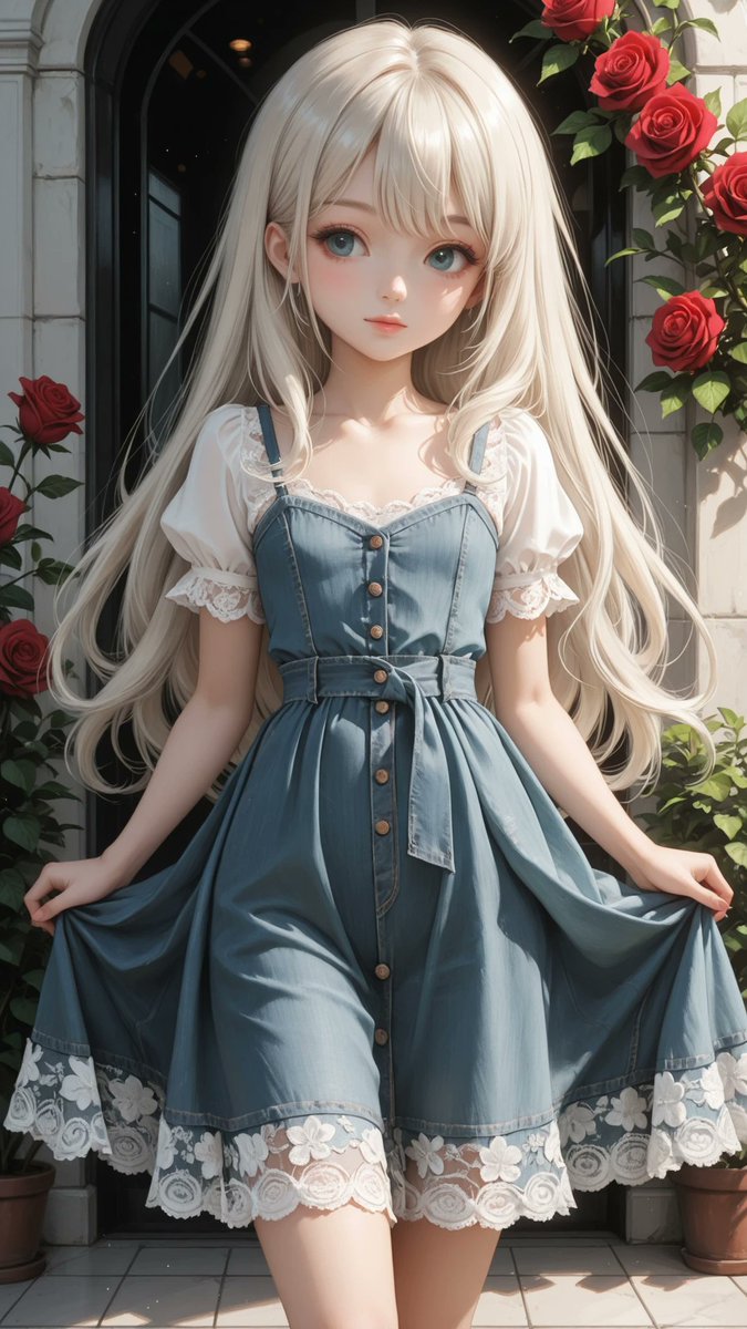 AliceLavli's tweet photo. デニムのワンピースにブラウスの重ね着コーデの衣装プロンプトをどうぞ✨
light blue denim mini dress, soft washed denim fabric, fitted princess-seam bodice with visible tonal denim stitching, wide sweetheart neckline trimmed with delicate white floral lace, short puff sleeves with elastic gathers and matching white floral lace cuffs, embroidered white floral lace appliqués decorating the neckline, natural waist with a wide self-fabric denim waistband, centered self-tie denim ribbon bow, front button placket extending from the waist to the hem with evenly spaced natural wood buttons, softly gathered A-line mini skirt, wide white floral lace border around the hem with embroidered white roses, leaves and blossoms, scalloped lace edge, matte faded light blue denim only, white lace only, natural wood buttons only, strict color placement, clean symmetrical tailoring, elegant romantic denim dress