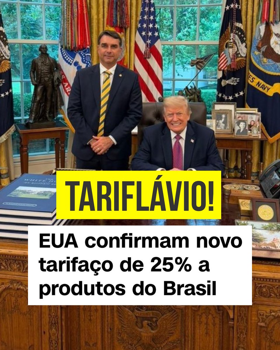 pauloteixeira13's tweet photo. TARIFLÁVIO! O @FlavioBolsonaro pediu e Trump ouviu: tem novo tarifaço de 25% para produtos brasileiros. Um ataque covarde contra o Pix, a economia e a soberania nacional. A família Bolsonaro é inimiga do Brasil! https://t.co/IGgwV9JKxi