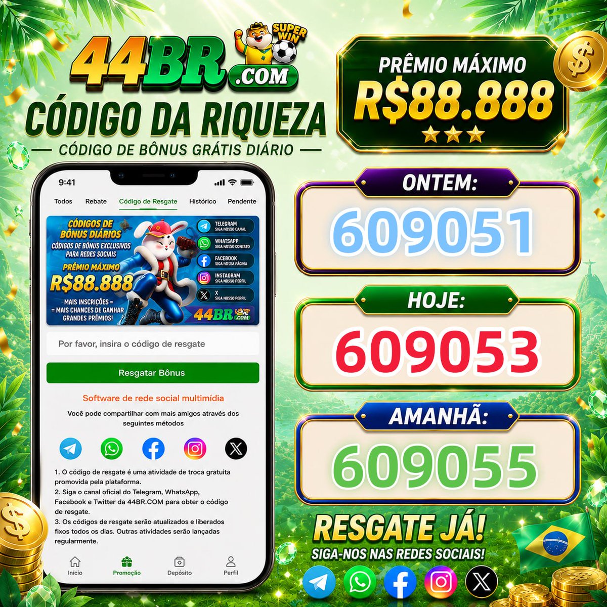44brcom's tweet photo. 👑 Caros VIPs:
Os códigos de resgate dos últimos três dias já estão disponíveis antecipadamente! 🎉
⭐️ Ontem:     609051
⭐️ Hoje:         609053
⭐️ Amanhã:  609055
🎁 Resgate agora e ganhe até R$ 88.888!
Siga-nos no Telegram: https://t.co/sXvVYU9IcY https://t.co/ahyB5yxatz