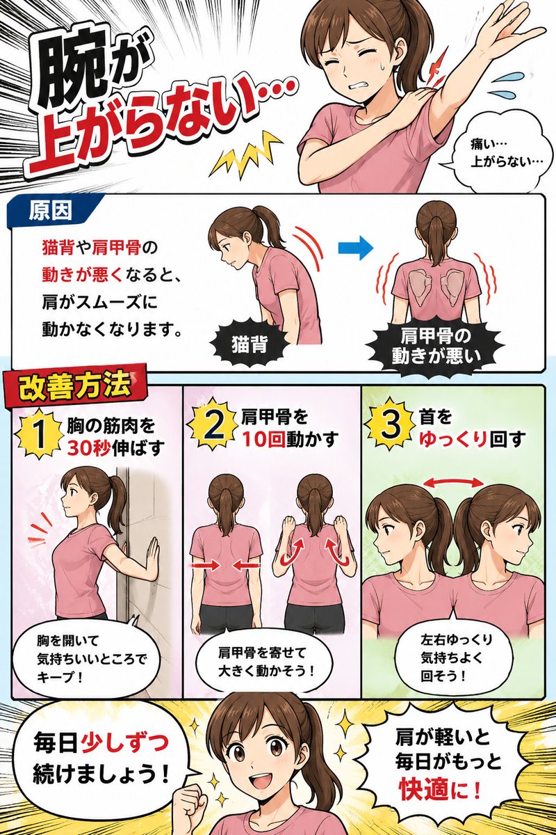 bodyreset_0801's tweet photo. 腕が上がらない…

猫背や肩甲骨の動きが悪くなると、肩がスムーズに動かなくなります。

✅ 胸の筋肉を30秒伸ばす
✅ 肩甲骨を10回動かす
✅ 首をゆっくり回す

毎日少しずつ続けましょう！ https://t.co/1kkPR679Xs