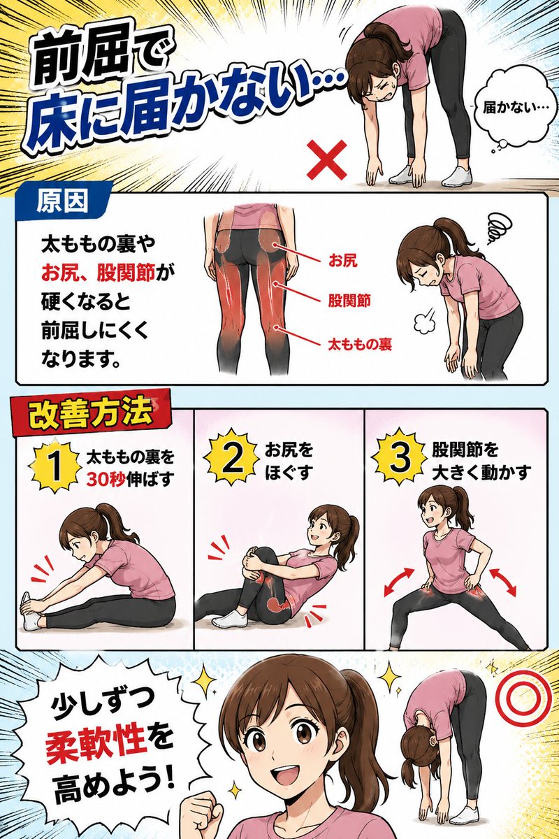 bodyreset_0801's tweet photo. 前屈で床に届かない…

太ももの裏やお尻、股関節が硬くなると前屈しにくくなります。

✅ 太ももの裏を30秒伸ばす
✅ お尻をほぐす
✅ 股関節を大きく動かす

少しずつ柔軟性を高めましょう！ https://t.co/09WpwZaguv