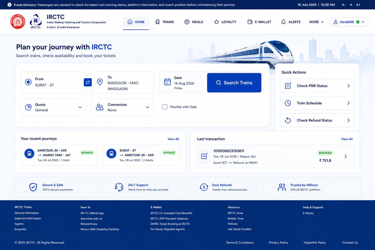 hdungrani8's tweet photo. @IndianTechGuide IRCTC interface need to look like this not what they created. Update interface is like develope by Collage Student Project. https://t.co/7jNzxBZFuH