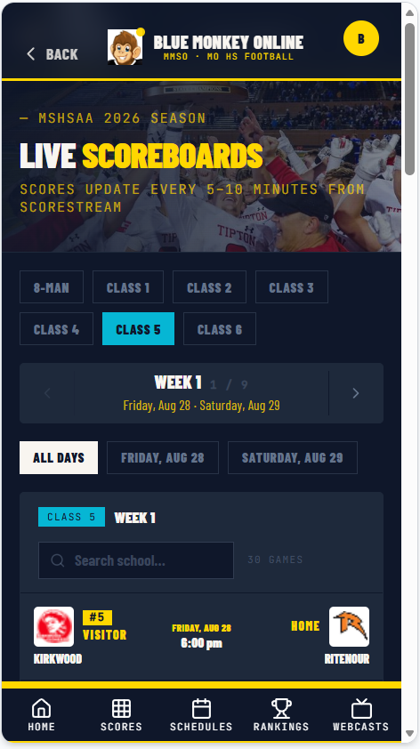 BrianSandbothe's tweet photo. All 353 football high school schedules have been computed into the system with live score capabilities, over 600 video and radio broadcasts are connected and growing as more broadcasters release their schedules.  Tweets are now connected to school pages. @MoScoreboardGuy https://t.co/20iuSiL8pq