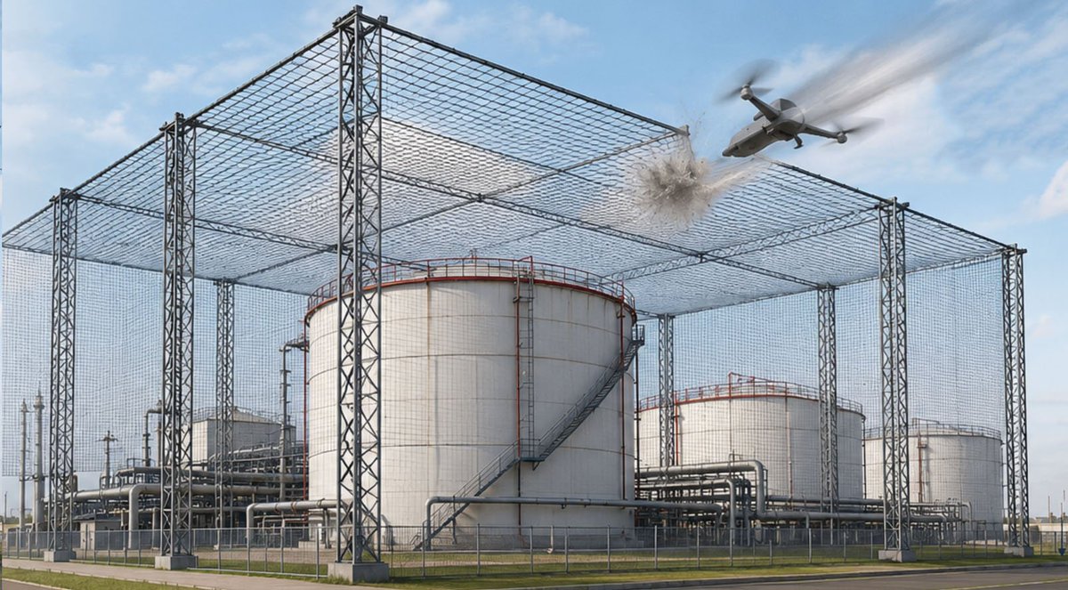 NetramDefence's tweet photo. RUSSIA UNVEILS ‘WEB’ DRONE PROTECTION SYSTEM FOR CRITICAL INFRASTRUCTURE

Russia has introduced a new modular protective structure called “Web”, designed to shield oil refineries, fuel depots, power substations, and other critical infrastructure from drone attacks.

According to the developers: 
🔹 Designed to withstand a direct impact from drones weighing up to 200 kg at speeds of 250 km/h 
🔹 Modular, bolt-mounted design allows rapid installation without welding 
🔹 Can protect structures over 25 metres high and cover large areas 
🔹 Currently undergoing trial deployment at multiple energy facilities