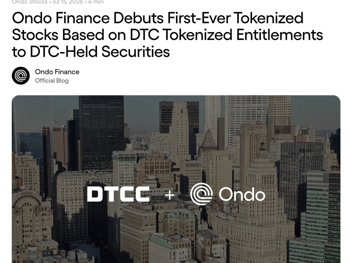 DuckNewss's tweet photo. 🏛️ RWA NEWS: Ondo Finance has unveiled the first tokenized U.S. stocks backed by DTCC infrastructure, marking a major step toward integrating TradFi with blockchain.
The launch introduces #CRCLon and #SPYo tokenized representations of #CRCL (Circle) and the #SPY ETF. Each token is fully backed by securities held within the Depository Trust Company (DTC), ensuring the underlying assets remain in regulated custody.
Through its integration with Alpaca Markets, Ondo enables securities to move seamlessly between traditional and tokenized formats, creating a direct bridge between legacy financial markets and on-chain infrastructure.
Ondo is also the only company building the complete tokenization stack for U.S. securities within the DTCC Tokenization Initiative, alongside industry giants including BlackRock, JPMorgan, Goldman Sachs, Nasdaq, and NYSE.
The launch marks another major milestone for the RWA sector, reinforcing the growing convergence of traditional finance and blockchain infrastructure. 🦆