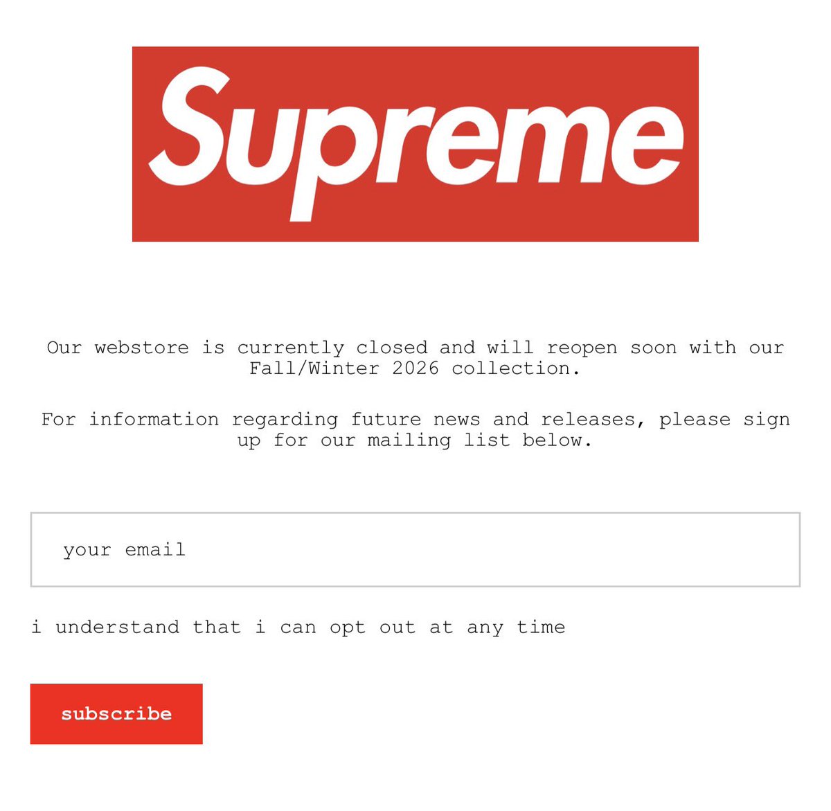 DropsByJay's tweet photo. Supreme online store is now closed to prepare for the Fall/Winter 2026 season.

🏷️ The SS26 End of season sale is in store only 😓 Select styles up to 30% off https://t.co/LR0Kcz4jjw