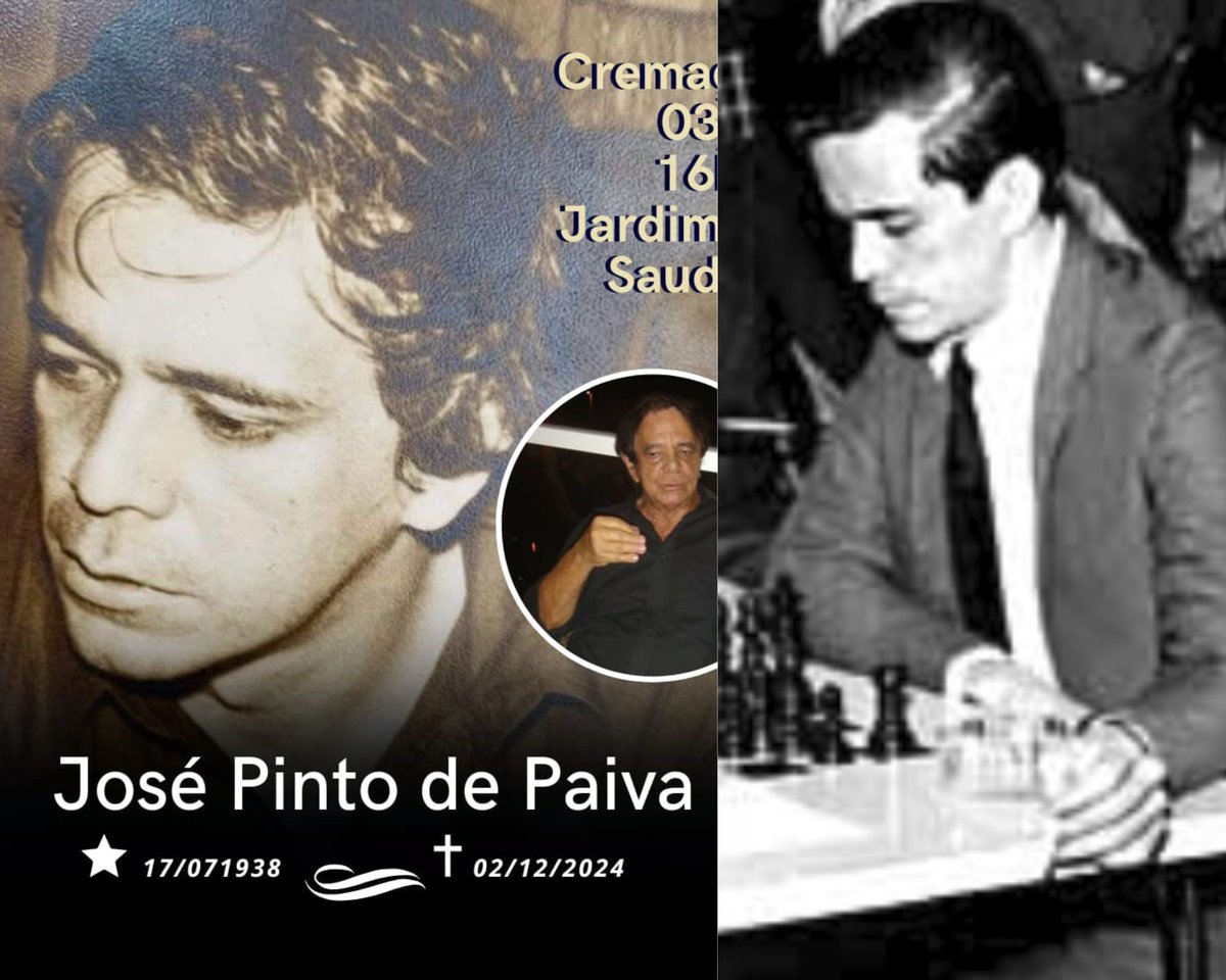 Chess_1946_1993's tweet photo. José Pinto de Paiva (17 July 1938 – 2 December 2024) was a Brazilian chess master. He won the Brazilian Chess Championship in 1966 and 1971. Paiva tied for 13th-16th at São Paulo zonal 1972 and represented Brazil in the Chess Olympiads.

https://t.co/66T1boUS8p

#chess #ajedrez https://t.co/70IvCDPQGD