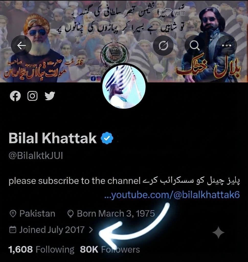 BilalktkJUI's tweet photo. میرے جیسے ایک غریب ادنی کارکن کا ٹویٹر  (X) پر 80 ہزار فالور  کا پہنچ جانا  مجھ جیسے حقیر کے ساتھ جمعیت علمائے اسلام کے ابابیل کی محبت کا اندھا اظہار ھے حالنکہ بندہ نہ چیز نہ کسی سوشل میڈیا  نہ کسی تنظیمی ٹیم کا حصہ ہیں اسکے باوجود اتنی محبت دینے پر مشکور ہوں 
#معافی_مائی_فٹ https://t.co/MqBmLlJo4e