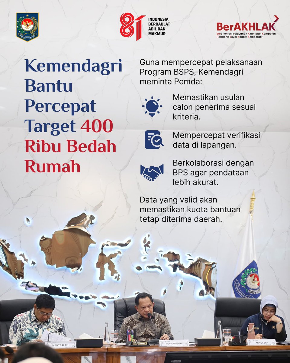 kemendagri's tweet photo. Mendagri @titokarnavian mengakselerasi Program BSPS untuk mencapai target 400 ribu unit bedah rumah pada 2026. Program ini diharapkan tak hanya mengurangi kemiskinan, tetapi juga menciptakan lapangan kerja, menggerakkan ekonomi daerah, dan meningkatkan kualitas hunian masyarakat. https://t.co/UsInsJcksk